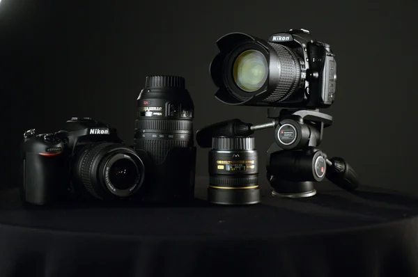 Cameras Nikon D90 Nikon D7000 Lenses Black Background Royalty Free Stock Images