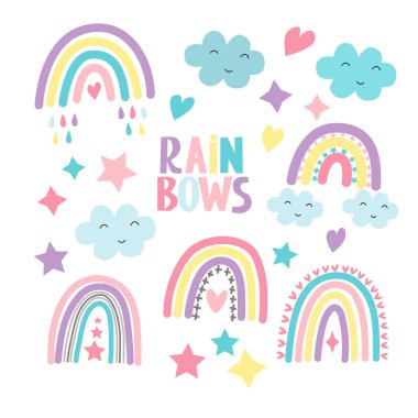 Çok renkli gökkuşakları, bulutlar, yıldızlar ve yazıtlar. Gökkuşağı. Kartpostal tasarımı, posterler, çocuk kıyafetleri, defter kapakları, ambalaj kağıtları için.
