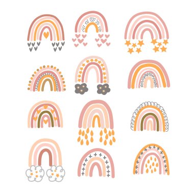 Beyaz arka planda vektör grafikleriyle süslenmiş pastel kahverengi gökkuşağı seti. Kartpostal tasarımı, posterler, çocuk kıyafetleri, ambalaj kağıdı, defter kapakları için.