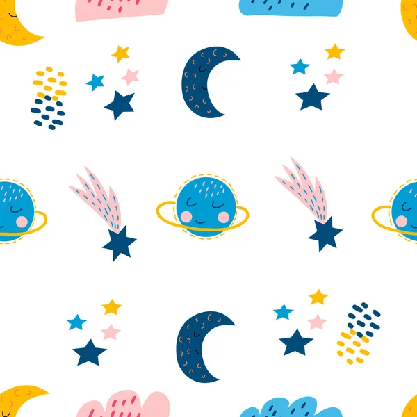 Bezešvé vzor s roztomilým modrým měsícem, mraky, planeta, hvězdy na bílém pozadí, ve vektorové grafiky. Pro design balicího papíru, dětské pyžamo, trička, obaly — Stockový vektor