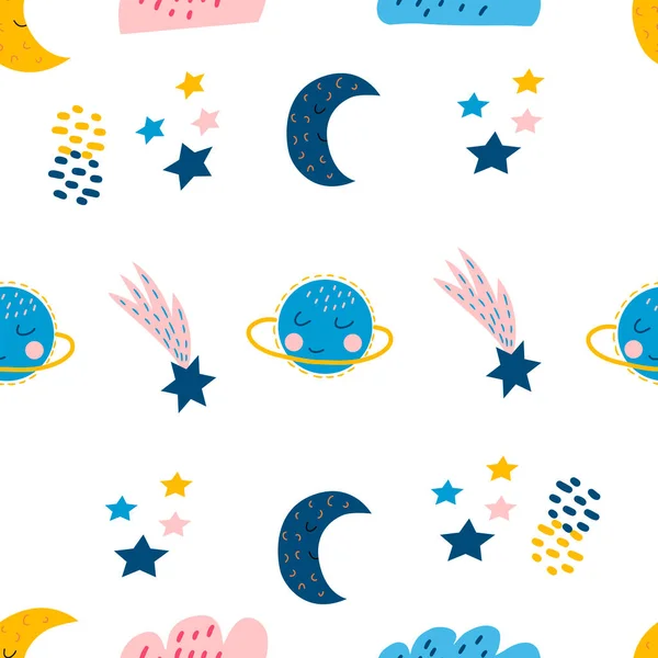 Seamless pattern with cute blue moon, clouds, planet, stars on a white background, in vector graphics. For the design of wrapping paper, childrens pajamas, t-shirts, covers