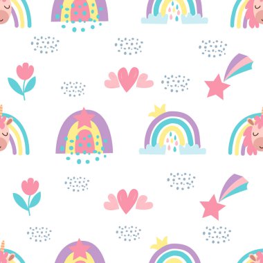 Güzel parlak gökkuşağı, tek boynuzlu at, yıldızlar, vektör grafikli çiçekler. Dekorasyon kapakları, çocuk kıyafetleri, pijamalar, tişörtler, ambalaj kağıtları.