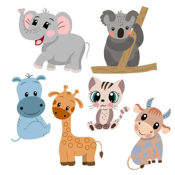 Image with a set of cute cartoon elephant, koala, giraffe, hippo, bull, cat in vector graphics on a white background. For design, prints for childrens clothing, notebook covers, textiles — Stock Vector