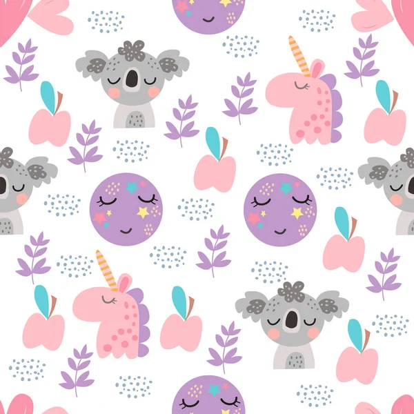 Güzel parlak ay, koala, yapraklar, elma ve vektör grafikleriyle kusursuz desen. Dekorasyon kapakları, çocuk kıyafetleri, pijamalar, ambalaj kağıtları için tişörtler.