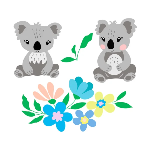 Koala misie z niebieskimi, różowymi, żółtymi kwiatami — Wektor stockowy