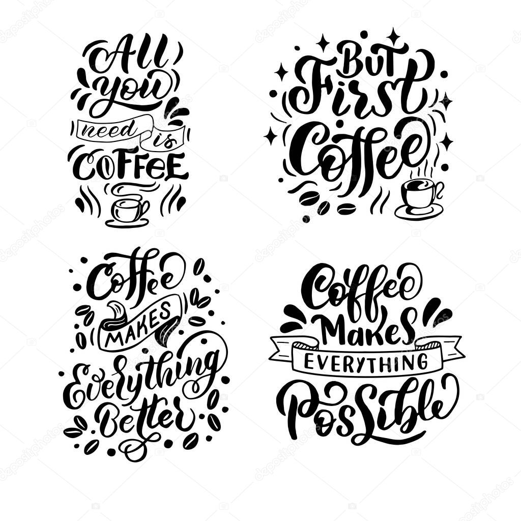 Set of quotes about coffee, in black letters on a white background, in vector graphics. For the design of postcards, posters, prints for t-shirts, mugs, pillows, notebook covers, packaging