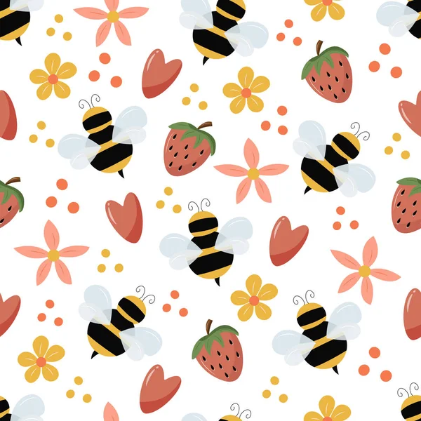 Płynny Wzór Wizerunkiem Pszczoły Truskawki Serca Kwiatów Białym Tle Grafice — Wektor stockowy