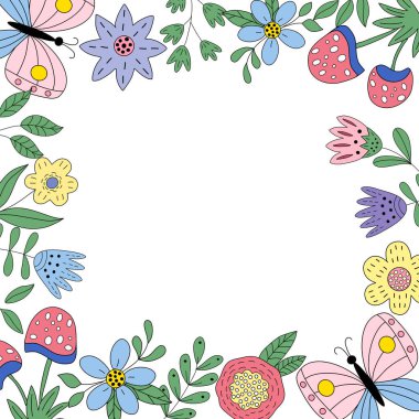 Bahar elementlerinin, çiçeklerin, kelebeklerin, mantarların olduğu bir çerçevenin vektör görüntüsü. Kartpostal tasarımı, davetiyeler, tebrikler, defterlerin kapakları için baskılar, paketleme