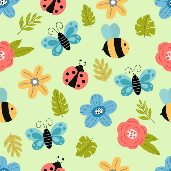 Modèle Sans Couture Avec Image Abeille Papillon Coccinelle Fleurs Sur — Image vectorielle