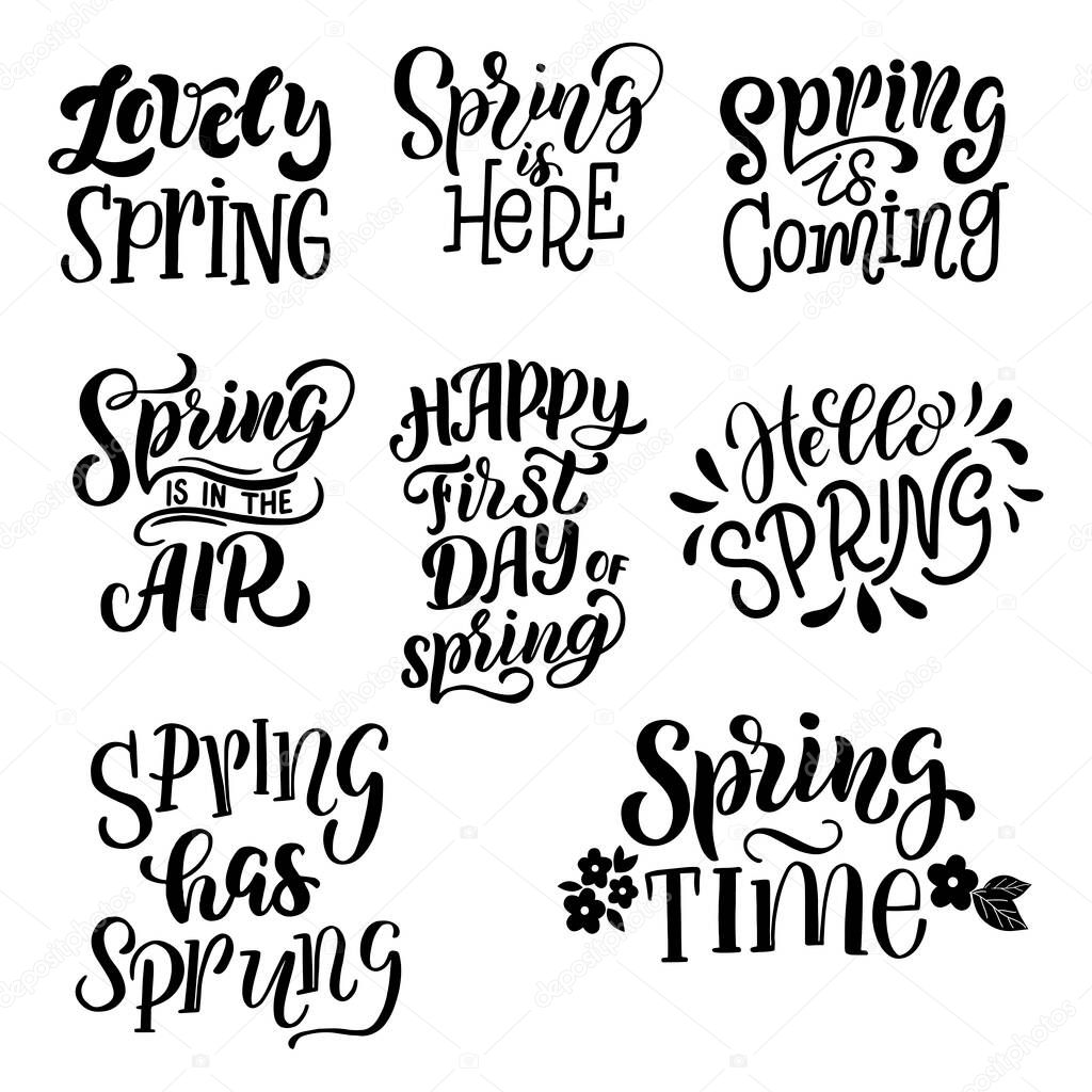 Set of lettering compositions about spring in vector graphics, on a white background. For the design of postcards, posters, banners, prints for t-shirts, covers, mugs, pillows