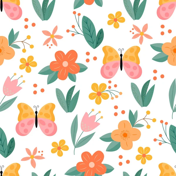 Nahtloses Muster Mit Dem Bild Von Schmetterling Gelben Rosa Blüten — Stockvektor