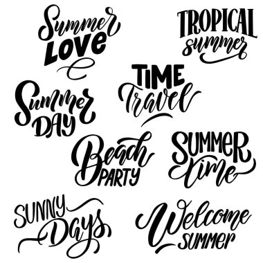 Beyaz arka planda, vektör grafikleriyle ilgili bir dizi yazı kompozisyonu. Poster, pankart, tişört, örtü, kupa, yastık tasarımı için.