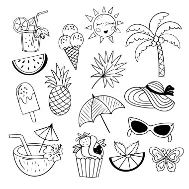 Yaz elementleri seti - yapraklar, güneş, pasta, avuç içi, şapka, beyaz arka planda vektör grafikli dondurma. Poster tasarımı, ambalaj baskıları, kapaklar için