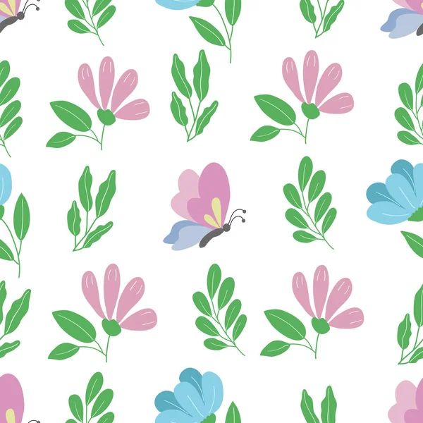 シームレスなパターン-青、ピンクの花、蝶 — ストックベクタ