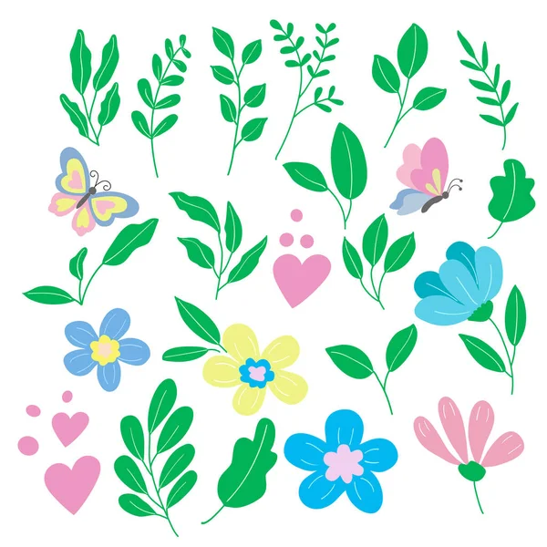 Ensemble d'éléments printaniers - fleurs roses, jaunes et bleues — Image vectorielle