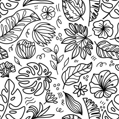 Beyaz arka planda, vektör grafiklerinde kusursuz desen. Siyah tropikal yapraklar ve çiçekler. Tekstil, kapak, ambalaj kağıdı, çanta, ambalaj için baskılar