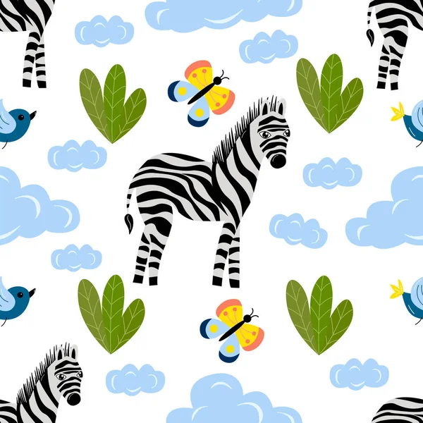 Modello senza soluzione di continuità di carino cartone animato zebra, farfalla, nuvole e foglie su uno sfondo bianco. Per la progettazione di copertine per notebook, stampe per t-shirt, abbigliamento per bambini, carta da regalo — Vettoriale Stock