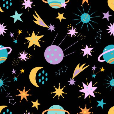 Vektör grafiğinde siyah arkaplan üzerinde sevimli uzay elemanları olan kusursuz desen. Defterlerin, ambalaj kağıtlarının kapaklarını süslemek için, çocuk giysilerinin, kupaların, yastıkların üzerindeki parmak izleri için.