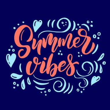 Yazla ilgili harf kompozisyonu - yaz titreşimleri - vektör grafiklerinde, mavi arkaplanda. Poster, tişört, kapak, çanta tasarımı için.