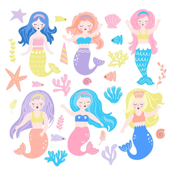 Set von niedlichen Cartoon-Meerjungfrau, Algen und Meereslebewesen — Stockvektor