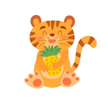 Ananaslı şirin çizgi film kaplanı. Beyaz arkaplanda vektör grafikleri. Posterlerin, kartpostalların, not defterlerinin, çocukların resimlerinin, kupaların, tişörtlerin tasarımı için.