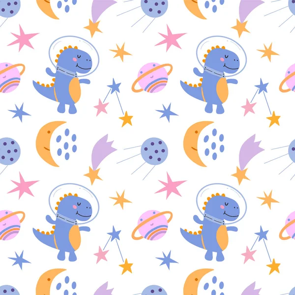 Seamless pattern with cute dinosaur in cosmos. White background, vector graphics. For wrapping paper, textiles, childrens clothing, cover prints, mugs, notebooks, wrapping paper