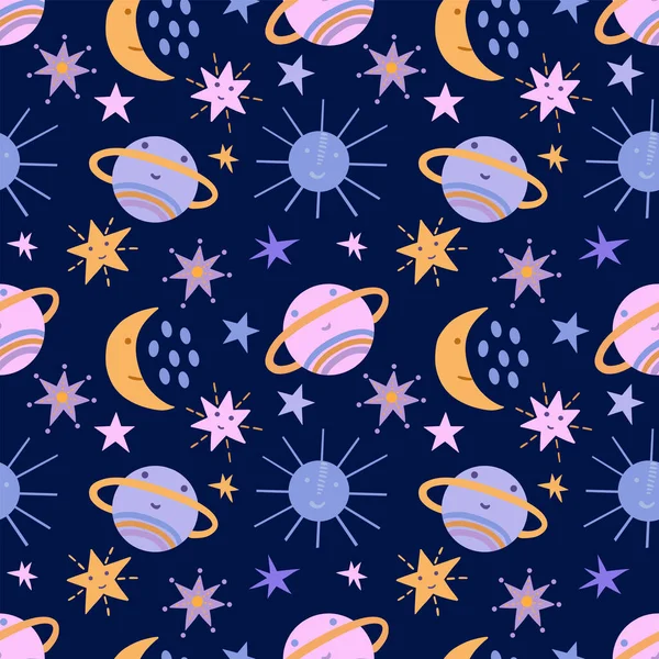 Güzel renkli uzay nesneleriyle kusursuz desen. Mavi arkaplan, vektör grafikleri. Ambalaj kağıtları, tekstil, çocuk giysileri, kapak baskıları, kupalar, defterler, ambalaj kağıtları