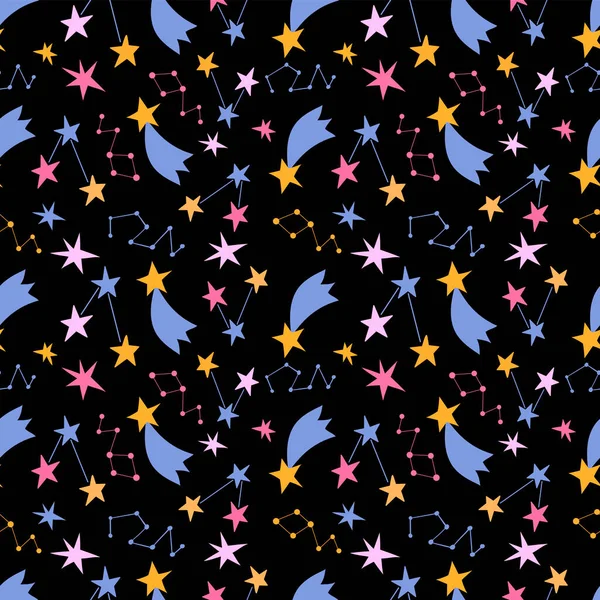 Nahtloses Muster mit niedlichen bunten Sternen. Schwarzer Hintergrund, Vektorgrafik. Zum Einwickeln von Papier, Textilien, Kinderkleidung, Bezugsdrucken, Tassen, Notizbüchern, Geschenkpapier — Stockvektor