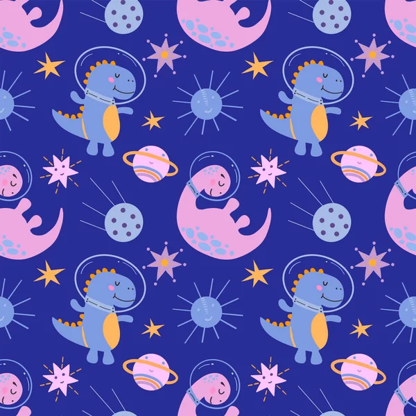 Nahtloses Muster mit putzigen Dinosauriern im Kosmos. Blauer Hintergrund, Vektorgrafik. Zum Einwickeln von Papier, Textilien, Kinderkleidung, Bezugsdrucken, Tassen, Notizbüchern, Geschenkpapier — Stockvektor