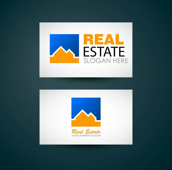 Diseño del logotipo de bienes raíces. Empresa inmobiliaria. Logo del edificio. Diseño de tarjetas de visita inmobiliaria — Archivo Imágenes Vectoriales