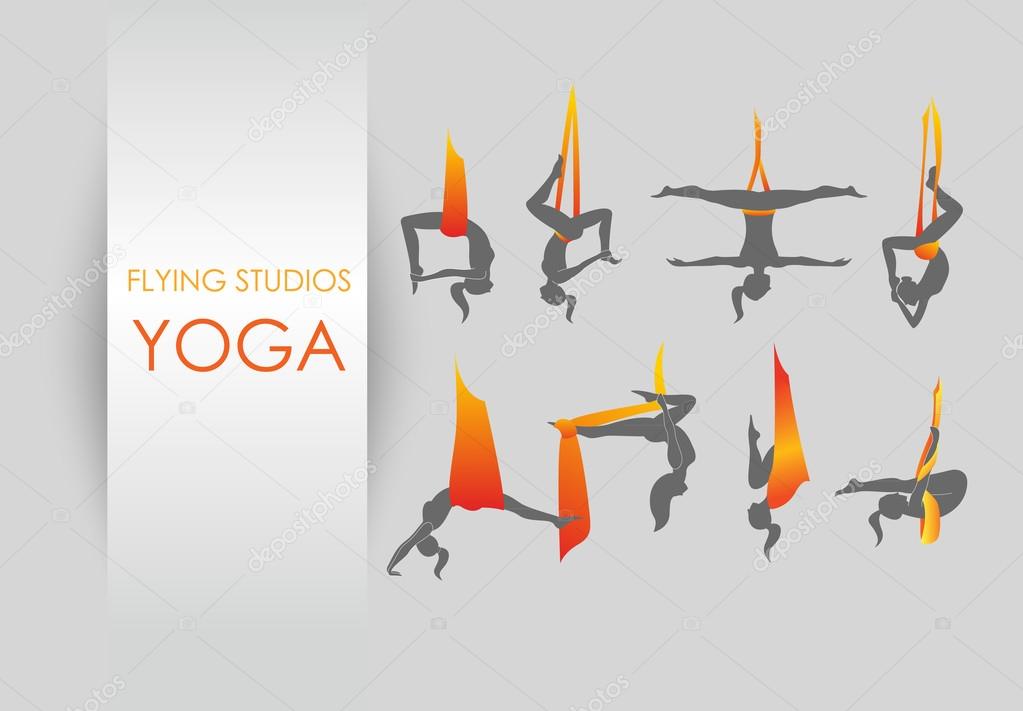 Flying yoga logo templates set. Anti-gravity yoga