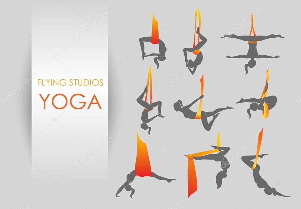 Flying yoga logo templates set. Anti-gravity yoga