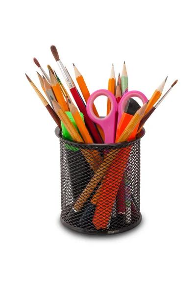 Pencils in a glass on a white background — Stock Photo, Image