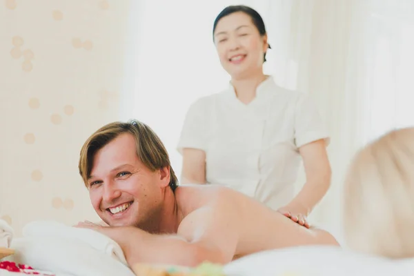 Young Man Doing Back Massage Female Spa Staff Gave Him Royalty Free Stock Photos
