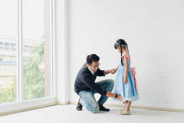 Asian Father Daughter Dancing Dad Teaches Daughters Dance Fun Room Stock Image