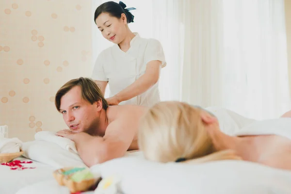 Young Man Doing Back Massage Female Spa Staff Gave Him Stock Image