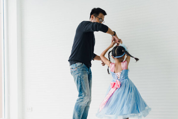 Asian Father Daughter Dancing Dad Teaches Daughters Dance Fun Room Stock Image