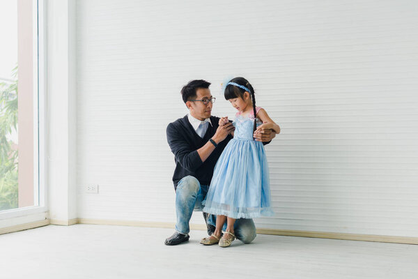 Asian Father Daughter Dancing Dad Teaches Daughters Dance Fun Room Royalty Free Stock Images