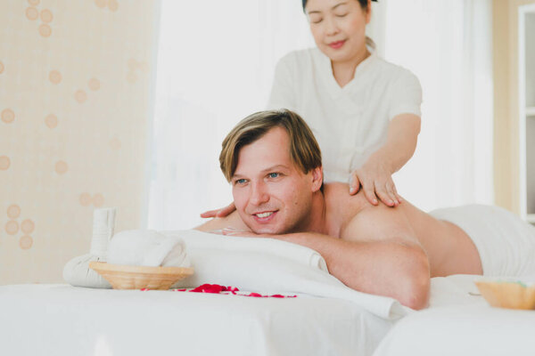 Young Man Doing Back Massage Female Spa Staff Gave Him Royalty Free Stock Photos
