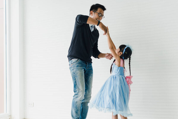 Asian Father Daughter Dancing Dad Teaches Daughters Dance Fun Room Stock Picture