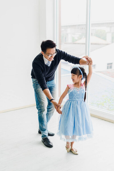 Asian Father Daughter Dancing Dad Teaches Daughters Dance Fun Room Stock Picture