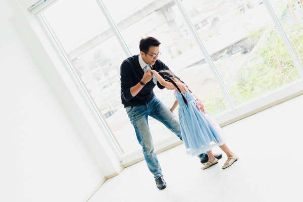 Asian Father Daughter Dancing Dad Teaches Daughters Dance Fun Room Stock Photo