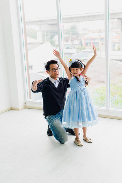 Asian Father Daughter Dancing Dad Teaches Daughters Dance Fun Room Stock Photo