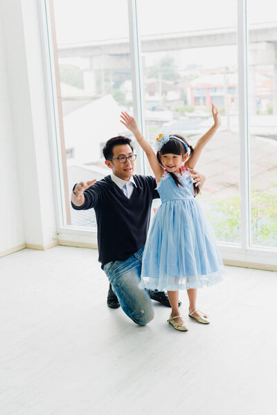 Asian Father Daughter Dancing Dad Teaches Daughters Dance Fun Room Stock Image