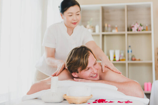 Young Man Doing Back Massage Female Spa Staff Gave Him Royalty Free Stock Photos