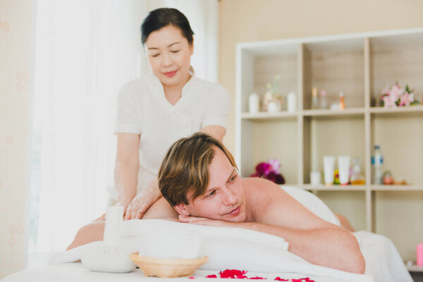 Young Man Doing Back Massage Female Spa Staff Gave Him Stock Picture
