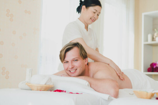 Young Man Doing Back Massage Female Spa Staff Gave Him Stock Image