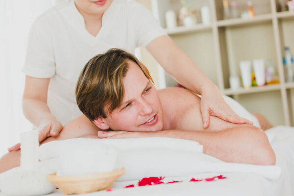 Young Man Doing Back Massage Female Spa Staff Gave Him Royalty Free Stock Images