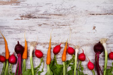 Eski karanlık Resepsiyon sebze: bebek havuç, sarımsak, kırmızı pancar, turp. Yukarıda görmek, en iyi stüdyo vurdu