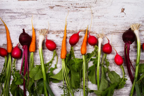Verdure sulla vecchia scrivania scura: carota, aglio, barbabietola, ravanelli. Vista dall'alto, top studio girato — Foto Stock